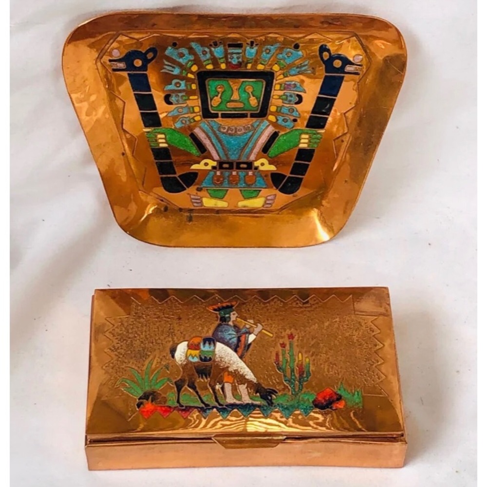 RARE Retro Enamel On Copper Cigarette Box & Ashtray South American Midcentury